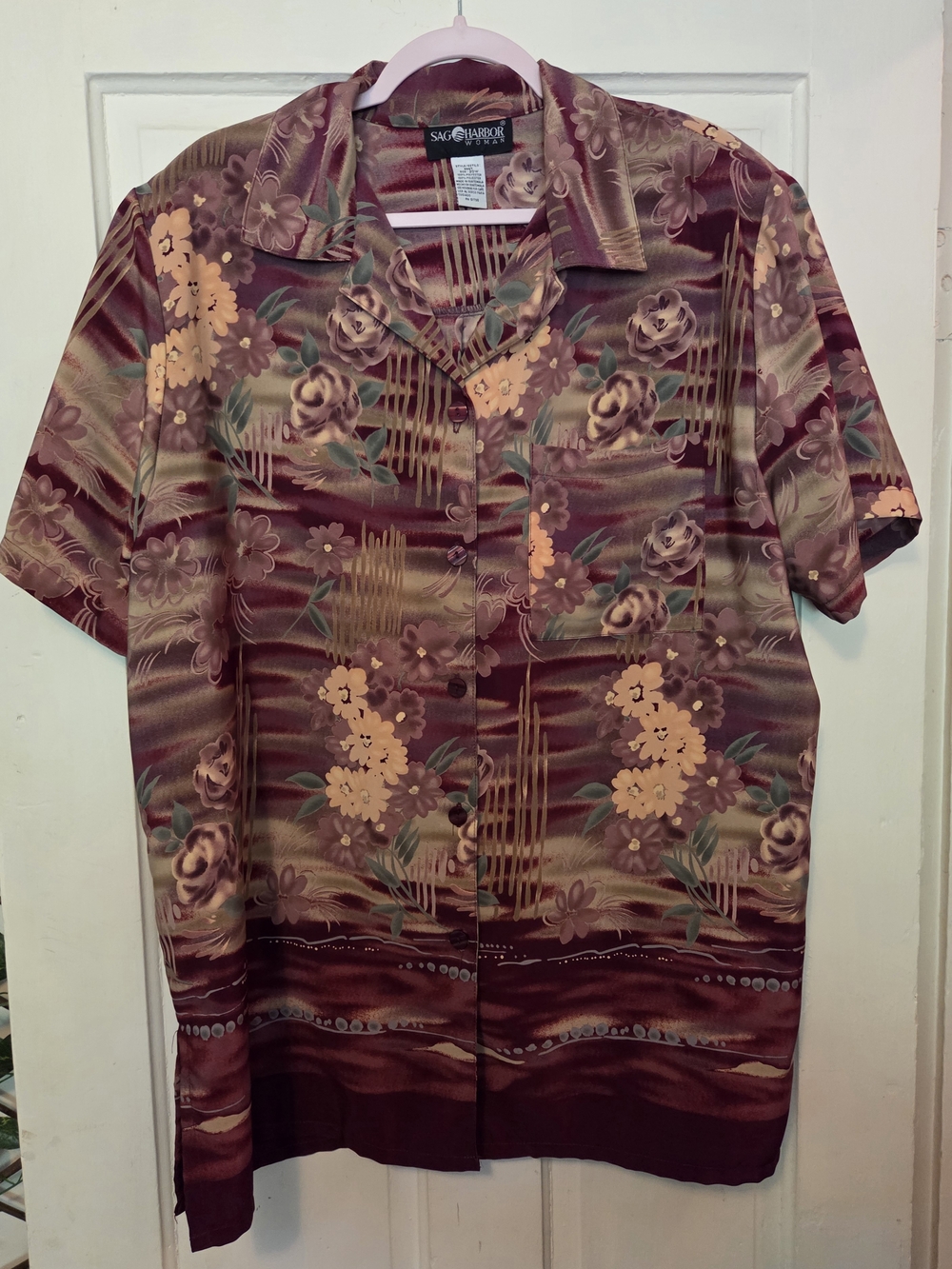 Sag Harbor Men’s Floral Button-Down Shirt in Burgundy and Tan